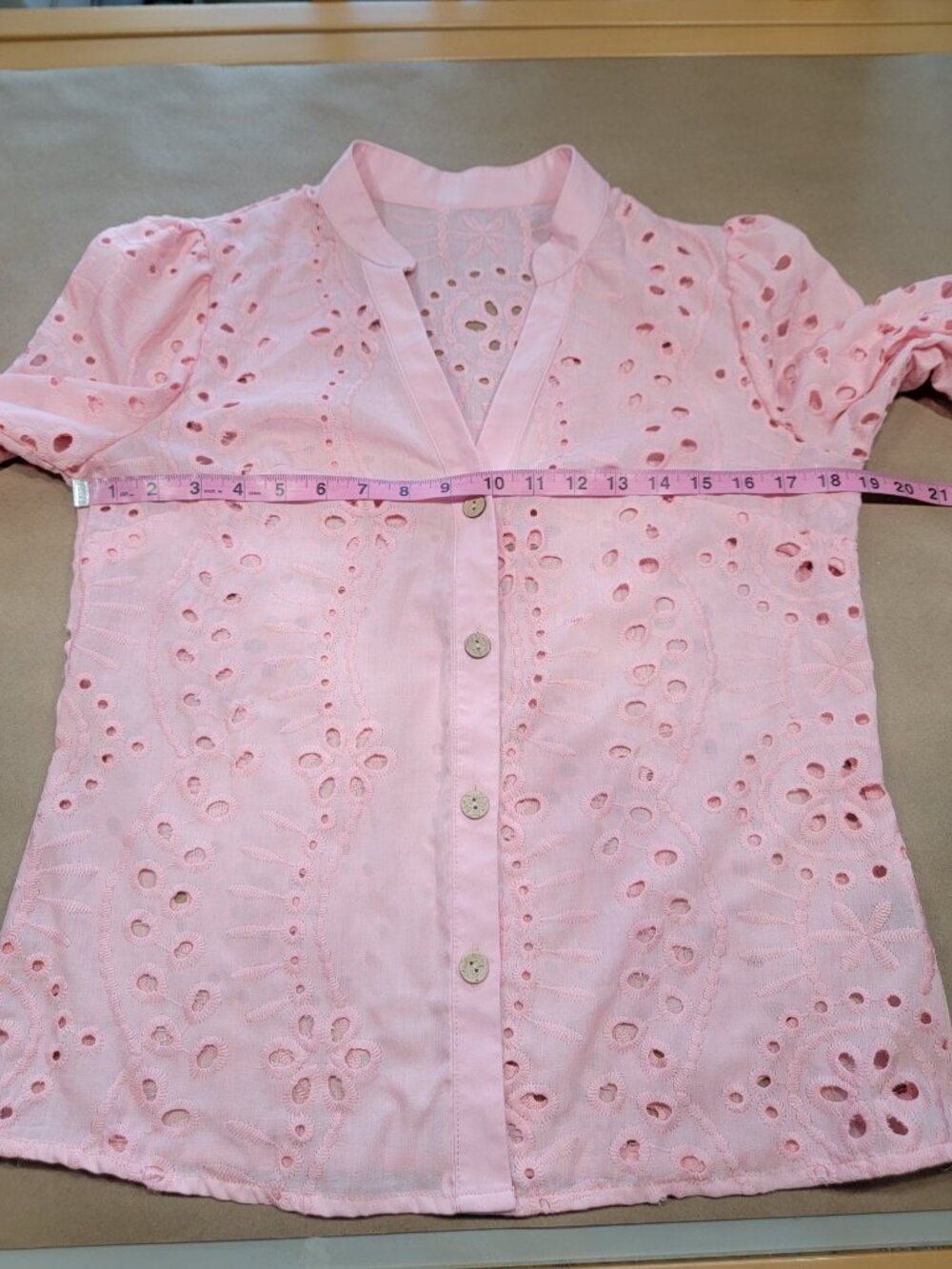 SHEIN Size S (4) Pink Hollow Out Embroidered Collared Button Down Eyelet Shirt - Picture 6 of 10